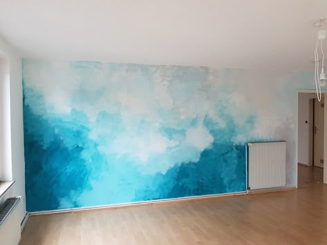 Hand Painted Murals For Home Bedroom, Blue Wall Painting Ideas, Marble Painting Wall, Watercolor Wall Paint Diy, Sponge Painting Walls Ideas, Watercolour Mural, Colourful Mural, Sponge Painting Walls, Watercolor Mural