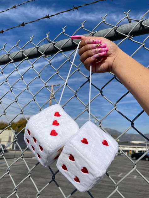 Heart Dice - White/Red -  #Dice #Heart #WhiteRed Heart Dice, 2023 Cars, Car Dice, Fuzzy Dice, Mirror Decor Ideas, Girly Car Accessories, Car Deco, Cool Car Accessories, Hanging Ideas