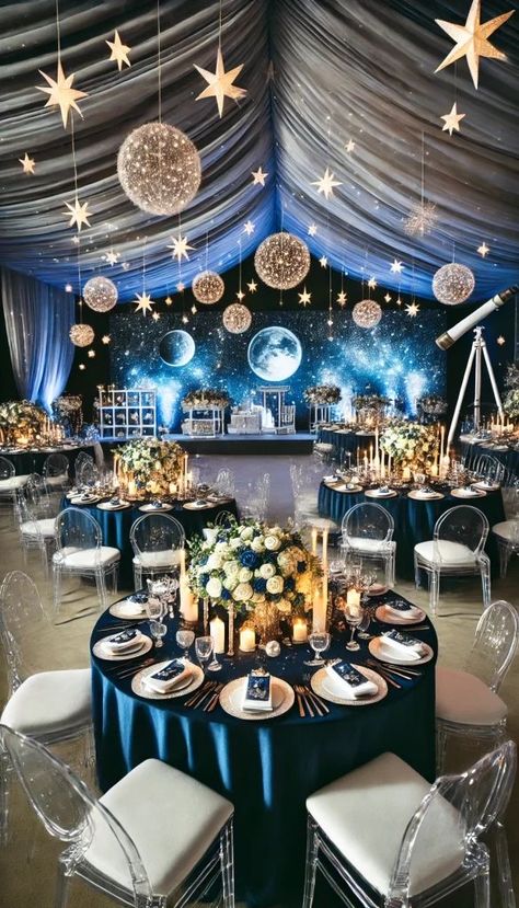 Under The Stars Dinner Party, Moon Theme Quinceanera, Starry Night Table Decor, Galaxy Wedding Ideas, Galaxy Table Decorations, Night Sky Wedding Theme, Starry Night Centerpieces, Astronomy Wedding Theme, Starry Night Theme Party