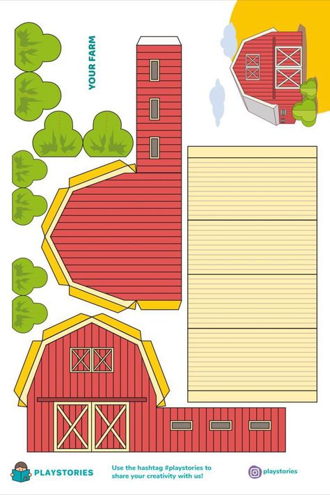 Farm Paper Crafts, Paper Toys Template Free Printable, Farm Template, Paper House Printable, Farm Printable, Barn Crafts, Flowers Paper Craft, Paper House Template, Farm Coloring Pages