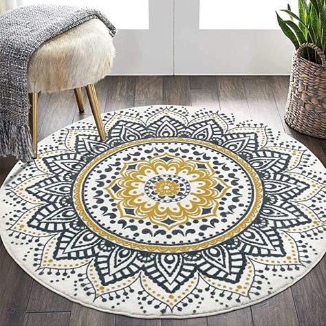 HEBE 4 Ft Round Area Rug Soft Chic Bohemian Mandala Rugs Machine Washable Non Slip Indoor Sofa Floor Area Mat Carpet for Living Room Sofa Bedroom Nursery Decor, Yellow Fluffy Bathroom Rugs, Yellow Nursery Decor, Mandala Rug, Chic Area Rug, Printed Rug, Round Area Rug, Boho Area Rug, Round Area Rugs, Round Rug