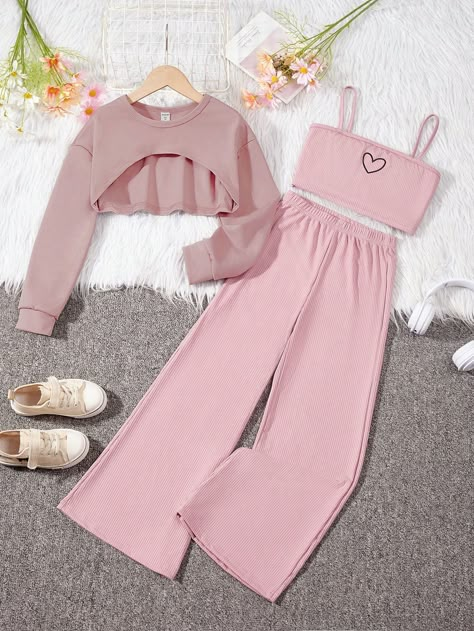 SHEIN Tween Girl Heart Print Cami Top & Pants & Super Crop Pullover | SHEIN USA Cute Outfits With Shorts, Adrette Outfits, 2023 Aesthetic, Crop Pullover, Outfit 2022, Outfits Dresses, Cute Dress Outfits, Casual Preppy Outfits, Heart Sweatshirt