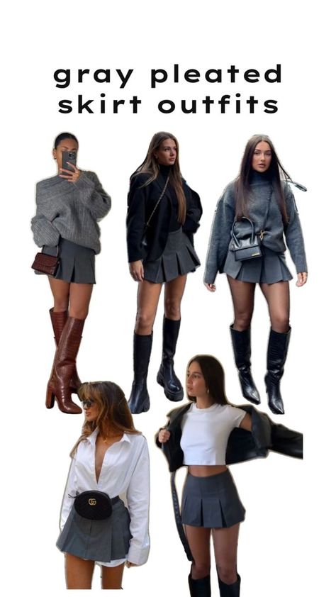 [SponsoredPost] 16 Impressive Outfit Ideas With Knee High Boots Winter Fashion Recommendations You Need To See This Summer #outfitideaswithkneehighbootswinterfashion Grey Corduroy Skirt Outfit, High Knee Brown Boots Outfit, Club Outfits Fall Night, Gray Skirt Outfit Fall, Cold Outfits Skirt, Gray Pleated Skirt Outfit Winter, Party Boots Outfit, Gray Skirt Fall Outfit, Grey Blazer And Skirt Outfit