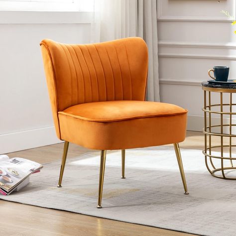 Orange Chair Living Room, Velvet Side Chair, Armless Accent Chair, Orange Chair, Chair Living Room, Cocktail Chair, Modern Style Design, Velvet Accent Chair, Modern Accent Chair