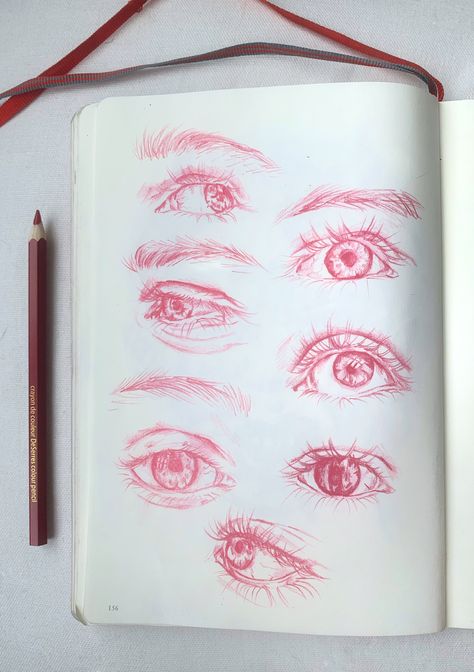 Eye Sketch Color Pencil, Eye Sketchbook Page, Color Pencil Eye Drawing, Red Pencil Sketch, Red Pencil Drawings, Colored Pencils Aesthetic, Eye Drawing Colored Pencil, Red Eyes Drawing, Fashion Illustration Hair