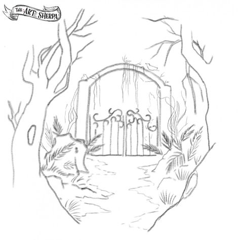 Magic Fantasy Garden Gate Traceable - The Art Sherpa Community | The Art Sherpa Fairy Gate, Fairy Garden Drawing, Painting For Beginners Videos, Forest Sketch, Canvas Painting For Beginners, Landscape Pencil Drawings, Art Sherpa, The Art Sherpa, Forest Drawing