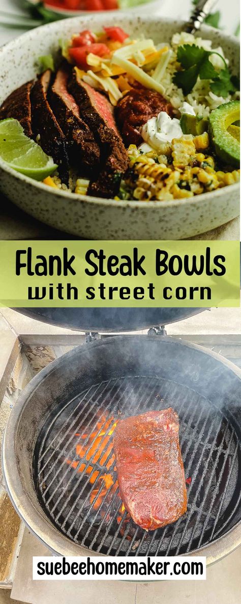 Flank Steak Bowls with Street Corn are incredibly delicious! They feature succulent grilled flank steak, an irresistible Mexican street corn salad, zesty cilantro lime rice, and a range of toppings. Perfect for gatherings and easily customizable to suit everyone's tastes! Salad Cilantro, Steak Bowls, Carne Asada Burrito, Street Corn Salad, Steak And Rice, Quick Soup, Mexican Street Corn Salad, Quick Pasta, Grilled Flank Steak