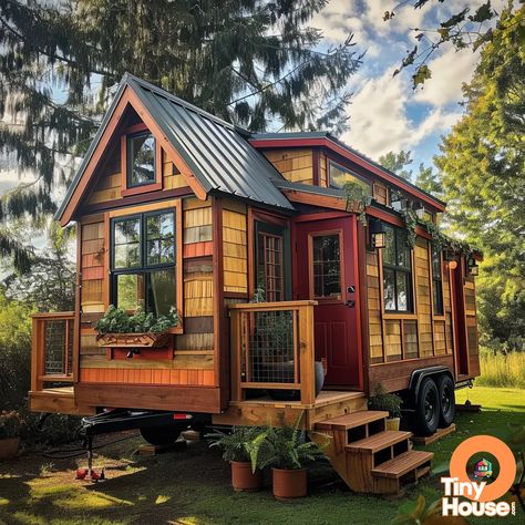 Check out this adorable tiny house on wheels in the Farmhouse design style! The Terra Cotta and Beige color palette adds a cozy and inviting touch. Which design elements would you incorporate into your own home? #tinyhouse #farmhouse #designinspiration #architecture Tiny Home On Wheels Exterior, Tiny House Cottage Style, Tiny Homes On Wheels, Community Homes, Tiny House Cottage, Starter House, Tiny Home On Wheels, Log Cabin Designs, Cabin Tiny House