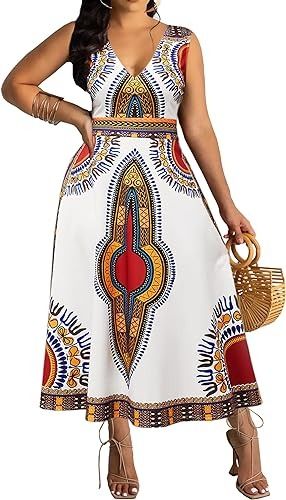 Amazon.com: African Print Dresses for Women Sexy V Neck Dresses Elegant Dashiki African Long Maxi Tank Dress High Waist Sleeveless Cocktail Bohemian Vintage Dress White : Clothing, Shoes & Jewelry African Attire For Women, Red Midi Dress Bodycon, Pink Pleated Dress, Dashiki Dress, Plus Size Party Dresses, African Print Dresses, Long Sleeve Casual Dress, African Design Dresses, African Dresses For Women