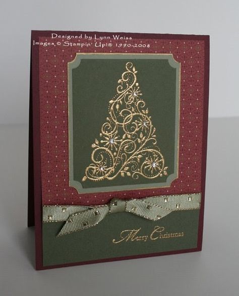 handmade Christmas card ... elegant look ... gold heat embossed swirly tree ... Christmas Card Inspiration, Homemade Christmas Cards, Stampin Up Christmas Cards, Christmas Tree Cards, Tree Cards, Diy Christmas Cards, Christmas Cards To Make, Christmas Card Design, Winter Cards