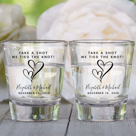 Take A Shot We Tied The Knot Wedding Favor Shot Glass Wedding Favours Shots, We Tied The Knot, Wedding Shot Glasses, Bridesmaid Groomsmen Gifts, Tie The Knot Wedding, Wedding Mementos, Creative Gifts For Boyfriend, Wedding Toasts, Wedding Glasses