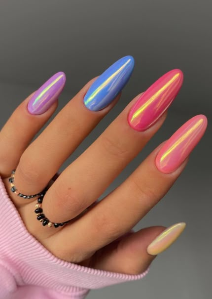 81 Gorgeous Spring/Summer Nails For Your Next Manicure - Blush & Pearls Summer Chrome Nails Colors, Manicure Ideas Purple, Summer Nails With Glitter, Matte Summer Nails, Spring Nail Colours, Chromatic Nails, 2022 Nails, Multicolored Nails, Mani Ideas