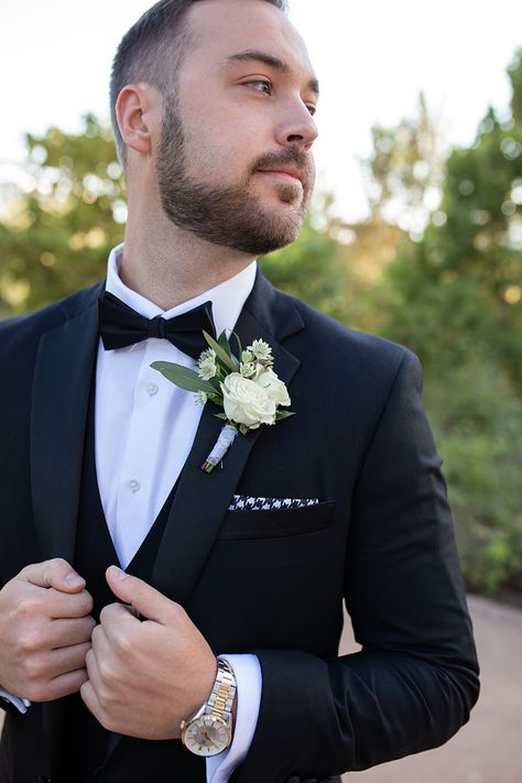 Classic Black Tux and Bowtie with Houndstooth Pocket Square | Groom Style Fall Wedding Groom, Modern Garden Wedding, Romantic Veil, Champagne Color Dress, Groomsmen Style, Groom And Groomsmen Suits, Black Tie Attire, Wedding Boutonnieres, Groom Gifts