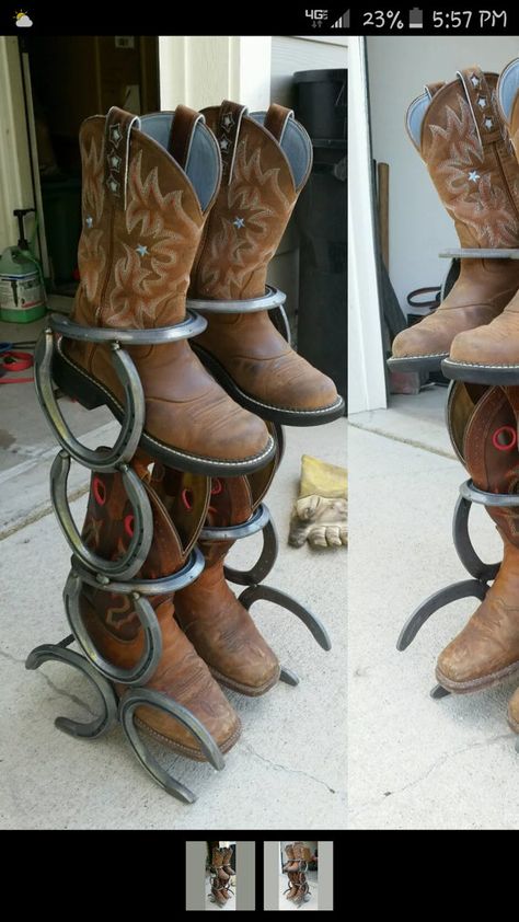 Small boot rack by LazyDays04 on Etsy Cowboy Boot Rack, Horseshoe Boot Rack, Boot Holder, Mudroom Storage, Horseshoe Crafts Projects, Cowboy Decor, Welding Crafts, Boot Rack, Entryway Organizer