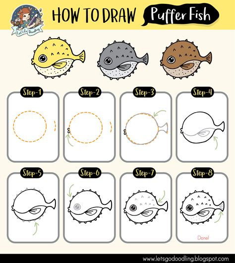 Learn how to draw a puffer fish with these super easy steps. Great for kids and beginners! You will need a paper or sketchbook, pencil, ... Puffer Fish Drawing, Dreamy Doodles, How To Draw Fish, Retro Animals, Drawing Worksheets, Drawing Fish, Sketchbook Pencil, Drawn Fish, Fish Drawing