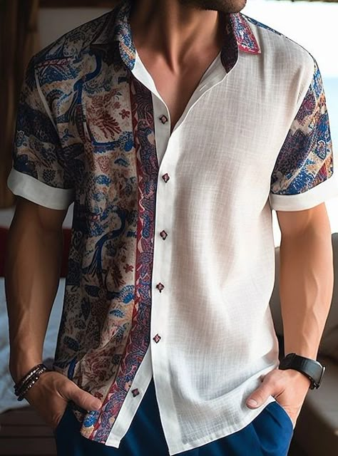 Stylish Shirts Men, Mens Printed Shirts, Resort Shirt, Men Fashion Casual Shirts, Smart Casual Style, Linen Fashion, Mens Casual Dress Outfits, Men Stylish Dress, Linen Shirt Men