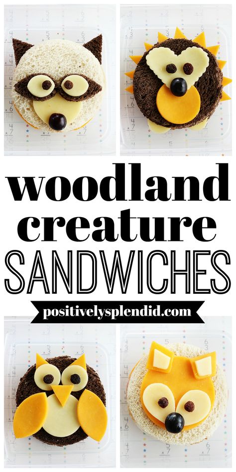 How to make adorable animal sandwiches in woodland creature shapes: owl, fox, raccoon and hedgehog. A fun school lunch idea! Kindergarten Snacks For Classroom, Animal Shaped Snacks, Fox Food Ideas, Fox Sandwich, Sandwich Decoration Ideas, Animal Sandwich, Car Sandwich, Fun Sandwiches For Kids, Kids Sandwiches