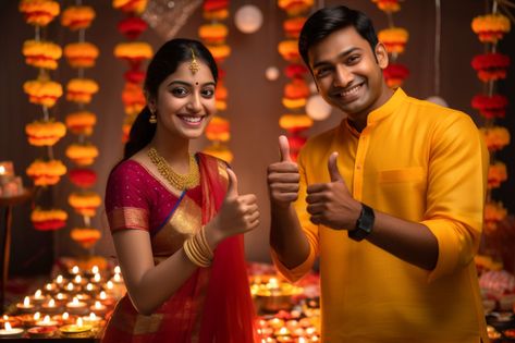 A photo of a young Indian couple shopping online for Diwali and Diwali Celebration Images, Birthday Poses, Thumbs Up Sign, Celebration Images, Indian Couple, Digital India, Architecture Background, Diwali Celebration, Diwali Festival