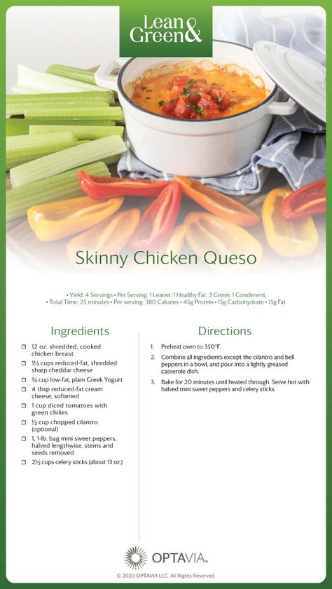 Optavia Recipes Lean And Green, Chicken Queso, Medifast Recipes, Lean Protein Meals, Optavia Recipes, Lean And Green, Green Meals, Lean Meals, Green Recipes