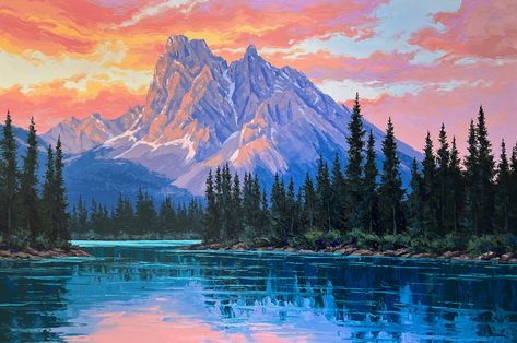 Oil on Canvas 48 x 72 in (121.92 x 182.88 cm) Forest Mountain Painting, Mountains Oil Painting, Forest Lake Painting, Green Mountains Painting, Mountain Ranges Painting, Mountain Lake Landscape Painting, Montana Landscape Painting, Colorado Painting, Pine Tree Painting