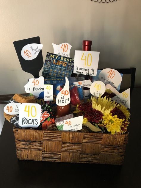 40th Birthday Gift Wrapping Ideas, 40's Survival Kit 40th Birthday, 40th Ideas For Men, 60 Birthday Basket, Gift Basket 40th Birthday, 40 Year Old Gift Basket, 50th Birthday Box Gift Ideas, Mom 40th Birthday Gifts, Homemade 40th Birthday Gifts