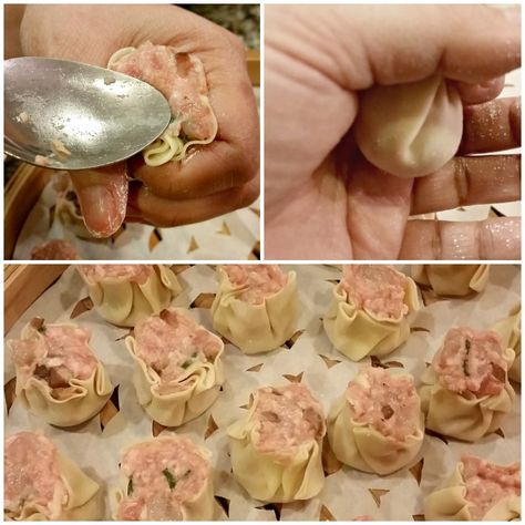 Stuffing the pork hash dumplings Manapua Recipe Hawaii, Pork Hash Recipe, Hawaiian Treats, Pork Siomai, Sui Mai, Shrimp Shumai, Hawaii Recipes, Hawaiian Pork, Pork And Shrimp