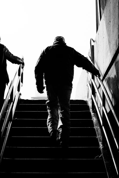 SAFE and elderly-friendly walkways  Handrail - An elderly man walks up stairs at #Stratton Mountain in #VT #Vermont #NE #NewEngland  #streetphotography #photography #street #streetslopes #vsco #vscofilm #bw #blackandwhite #50mm #silhouette People Walking Up Stairs, Man Walking Up Stairs, Stairs Gif, Stairs Photography, Walking Up Stairs, Change The Narrative, Larger Piece Jigsaw Puzzles, Man Silhouette, Photographing People