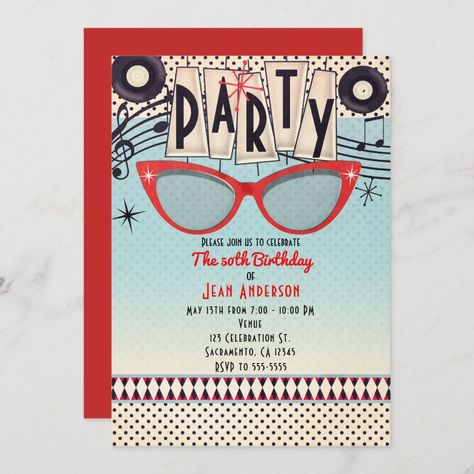 Retro Vintage 1950&#39;s Fifties Party Invitations - 1950s invitations Diner Birthday Party, 1950s Theme Party, Vintage Birthday Party Invitations, Retro Theme Party, Fifties Party, Retro Invitation, 50s Party, Vintage Birthday Parties, 40th Birthday Party Invites