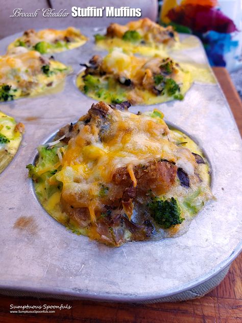 Broccoli Cheddar Stuffin' Muffins | Sumptuous Spoonfuls Making Stuffing, Stuffin Muffins, Printable Recipes, Healthy Delicious Recipes, Broccoli Cheddar, Good Foods To Eat, Breakfast On The Go, Warm Food, Broccoli And Cheese