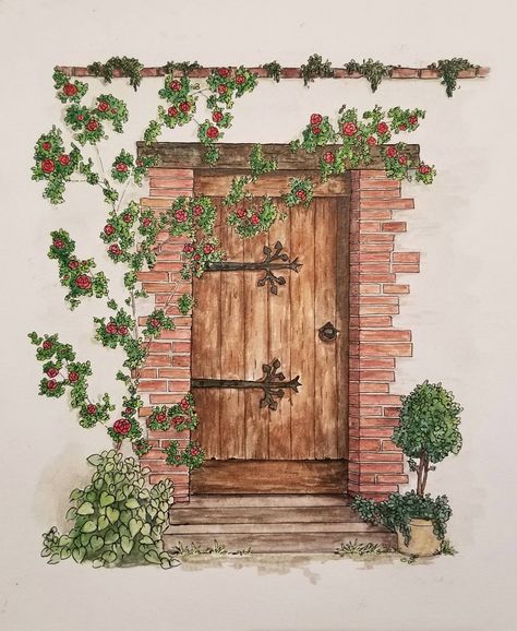 Cottage Door - my first watercolor in a very long time Front Door Watercolor, Cottage Drawing, Door Drawing, Whimsical Cottage, European Doors, Cottage Door, Bird Houses Painted, Watercolor On Wood, Flower Festival