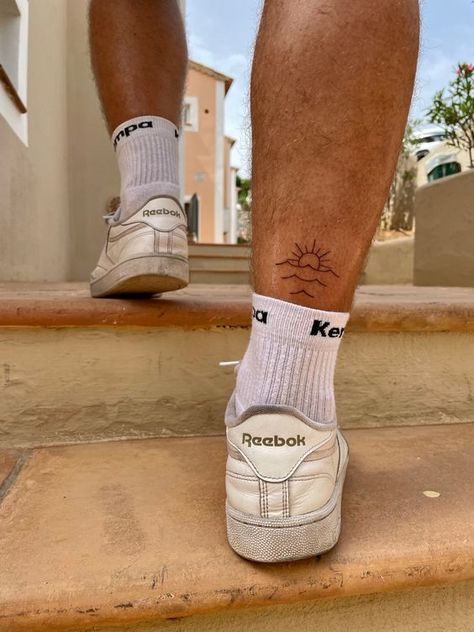 Traveler Tattoos, Ankle Tattoo Men, Small Thigh Tattoos, Calf Tattoo Men, Thigh Tattoo Men, Tattoos 2023, Beach Tattoos, Adventure Tattoo, Surf Tattoo