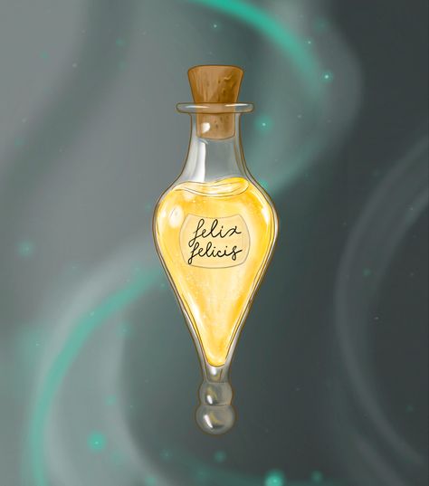 Drawing of a vial with a Felix Felicis potion. Part of Harry Potter world Luck Potion Harry Potter, Liquid Luck Potion, Wiggenweld Potion, Felix Felicis Drawing, Liquid Luck Tattoo, Liquid Luck Harry Potter, Good Luck Illustration, Felix Felicis Tattoo, Soulmate Tattoos