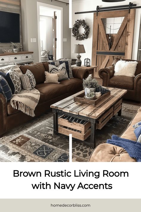 brown rustic living room Rustic Leather Sectional Living Room, Family Room Design Brown Leather Couch, Turquoise Rustic Decor, Family Room Brown Couch, Wood Themed Living Room, Farmhouse Living Room With Dark Couch, Gray And Leather Living Room, Rustic Masculine Living Room, Blue Gray Brown Living Room