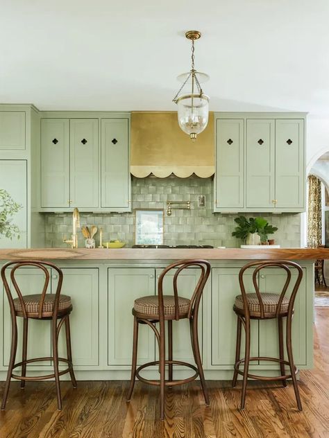 Sage Green Kitchen, Green Kitchen Cabinets, Green Cabinets, Atlanta Homes, Built In Desk, Green Kitchen, Range Hood, Design Help, Painting Cabinets