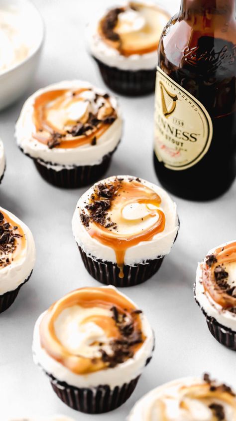 These Guinness Chocolate Cupcakes have to be the BEST EVER chocolate cupcakes. No joke. They're even topped with a delicious salted caramel buttercream. #chocolatecupcakes #guinnesschocolatecake #cupcakerecipe #butternutbakery Caramel Buttercream Recipe, Butternut Bakery, Salted Caramel Buttercream, Boozy Cupcakes, Guinness Chocolate, Best Chocolate Cupcakes, Salted Caramels, Chocolate Cupcakes Moist, Caramel Buttercream