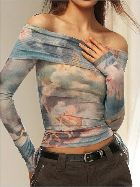 GORGLITTER Women's Tie Dye Shirt Off Shoulder Long Sleeve Crop Tops T Shirt Tie Dye Top Outfit, Cheer Workouts, Going Out Looks, Summer 2025, Mesh Blouse, Women's Tie, Tie Dye Long Sleeve, Dye Shirt, Tie Dye Shirt