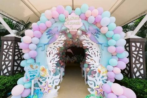 Mermaid Arch from a Majestic Mermaid Under the Sea Party on Kara's Party Ideas | KarasPartyIdeas.com (6) Mermaid Under The Sea Party, Mermaid Party Ideas, Sea Treasure, Balloon Ceiling, Mythical Beings, Ocean Birthday Party, Mermaid Birthday Party Decorations, Mermaid Fin, Mermaid Theme Birthday Party