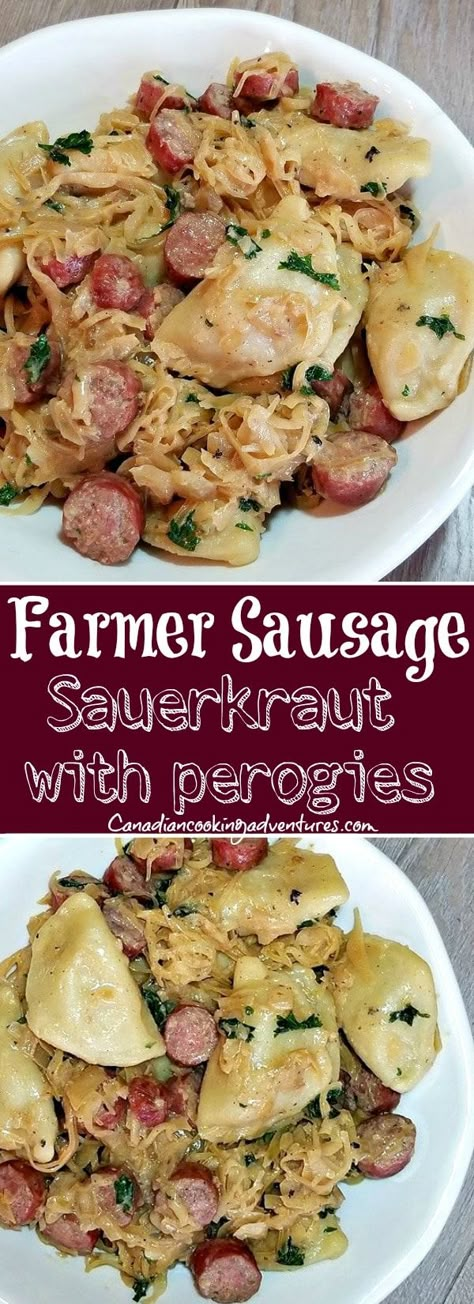 Farmer Sausage Skillet with Perogies Farmer Sausage, Sausage Skillet, German Food Authentic, Pierogi Recipe, European Dishes, Eastern European Recipes, Sauerkraut Recipes, German Foods, Mango Chutney