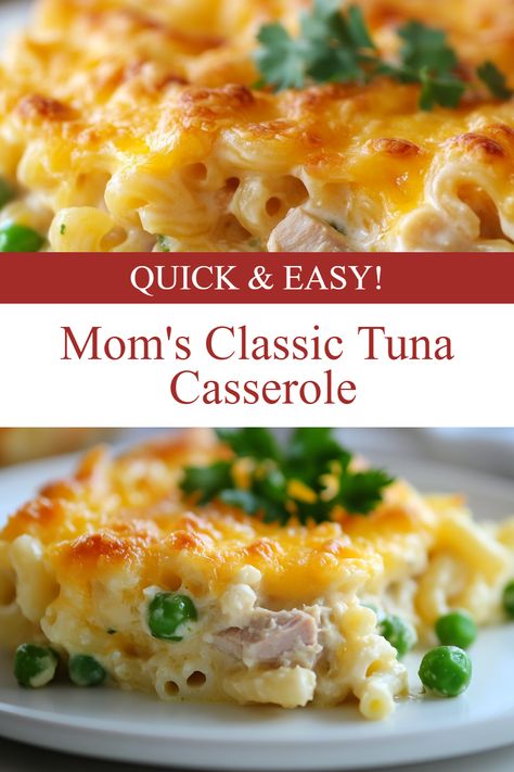 A delicious-looking classic tuna casserole with overlay text that reads "mom's classic tuna casserole," showcasing the best tuna casserole and a go-to recipe among tuna casserole recipes for a tasty tuna noodle casserole. Tuna Noodle Cassarole, Tunafish Casserole, Chicken Noodle Casserole Easy, Cheesy Tuna Noodle Casserole, Tuna Noodle Casserole Easy, Easy Tuna Casserole, Best Tuna Casserole, Popular Casseroles, Tuna Casserole Easy