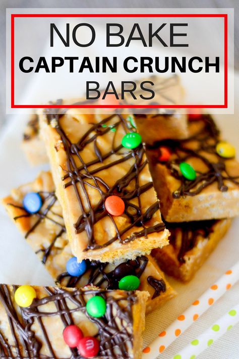 No Bake Captain Crunch Bars - Pink Cake Plate Captain Crunch Cereal Bars, Peanut Butter Captain Crunch Bars, Captain Crunch Dessert, Captain Crunch Recipes, Captain Crunch Bars, Captain Crunch Cereal, Crunch Bars Recipe, Captain Crunch, Crunch Bars