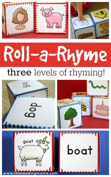 FREE Roll a Rhyme with THREE levels of rhyming fun: 1- matching rhyming pictures, 2- matching pictures to rhyming words, 3- matching just the words | This Reading Mama Syllable Activities, Rhyme Activities, Childhood Activities, Teaching Games, Rhyming Games, Phonological Awareness Activities, Rhyming Pictures, Classroom Tour, Rhyming Activities