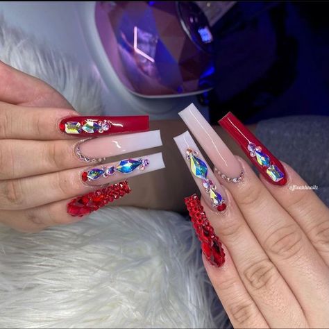 Nude Nails With Red Rhinestones, Nude And Red Acrylic Nails, Red Nails Rhinestones, Red Acrylic Toes, Red Birthday Nails Acrylic, Red And White Nails Acrylic, Nails With Red Rhinestones, Acrylic Nails Ideas Long, Nude And Red Nails