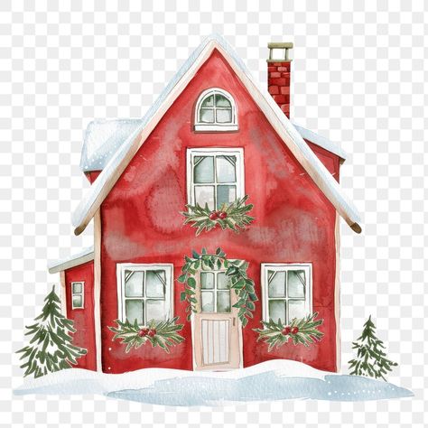 Christmas House Watercolor, Christmas Elements Illustration, Christmas House Illustration, Plant Christmas Tree, Christmas Illustration Watercolor, Hp Stickers, Best Png, Aesthetic Pngs, House Png