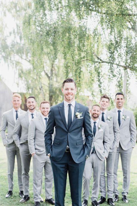 Mismatched groom and groomsmen suits by Jenn Kavanagh Photography Groomsmen Outfit, Casual Groom Attire, Blue Groomsmen, Beach Wedding Groom, Wedding Groomsmen Attire, Groom And Groomsmen Suits, Groomsmen Grey, Groom Tux, Groom Wedding Attire