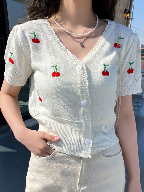 DAZY Cherry Embroidery Button Through Cardigan | SHEIN USA Cherry Embroidery, Red Embroidery, Embroidered Clothes, Stylish Dress Designs, Hand Embroidery Designs, Wool Dress, Embroidery And Stitching, White Sweaters, Red Sweaters