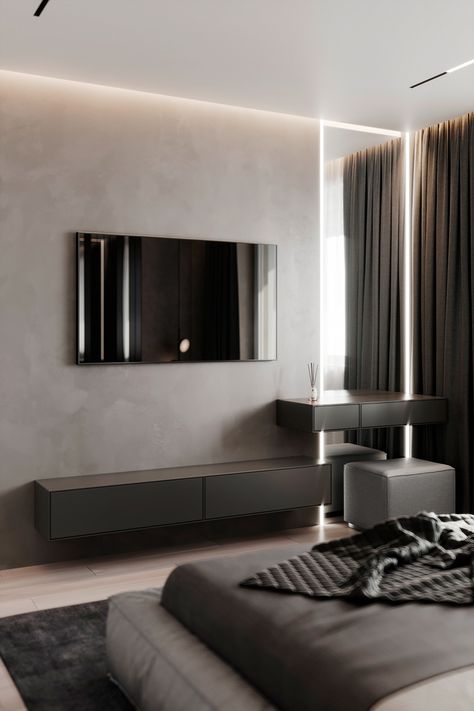 Black White Bedrooms, Black Bedroom Design, Hotel Room Design, Dekorasi Kamar Tidur, Tv In Bedroom, Grey Bedroom, Bedroom Bed Design, Master Bedrooms Decor, Tv Cabinet