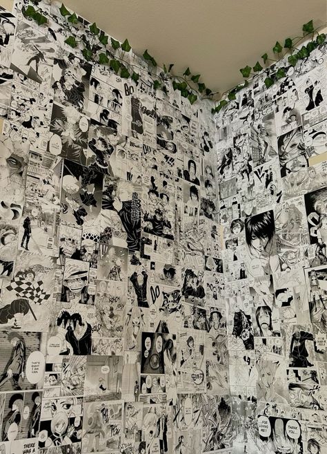 manga wall, black and white, manga, anime, vines, aesthstic, collage Black And White Anime Panels, Anime Wall Collage Pictures, Manga Wall Aesthetic, Anime Wall Collage Bedroom, Manga Panels Aesthetic Room, Anime Manga Wall Room Decor, Manga Wall Bedroom, Manga Wall Room, Manga Panel Wall