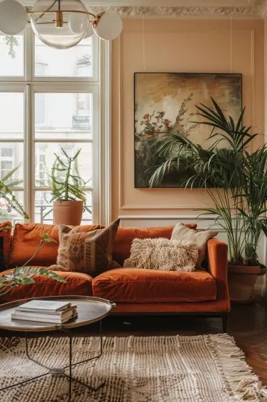 Cozy Living Room Warm, Cozy Living Room Ideas, Orange Couch, Soft Autumn Color Palette, Autumn Color Palette, Sage Green Bedroom, Green Couch, Living Room Orange, Pink Living Room