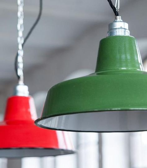 Enamel Industrial Lamp Factory Lamp Email Loft Lamp Diameter 31 cm! 1 piece/ enamel black, green, red, blue, light grey Our enamel lamp in the style of the Bauhaus. Imperishable in the material and a classic that never goes out of fashion. It fits simple and beautiful into almost every residential concept. Robust and functional, it gives its workshop or factory an unmistakable charm. Our enamel lamps are manufactured using the traditional craftsmanship process. The many manual production steps m Retro House, Industrial Factory, The Bauhaus, Industrial Lamp, Commercial Lighting, Lamp Bulb, Nov 2, Lamp Bases, Hanging Lamp