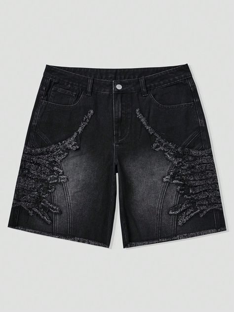 Black  Collar  Denim Plain Bermuda Embellished Non-Stretch  Men Clothing Black Short Jeans, Grunge Washed Black Short Bottoms, Roblox Shorts Template, Y2k Jean Shorts Men, Black Grunge Jean Shorts, Grunge High-rise Washed Black Shorts, Black Cotton Grunge Jean Shorts, Vintage Jacket Outfit, Mens Denim Shorts